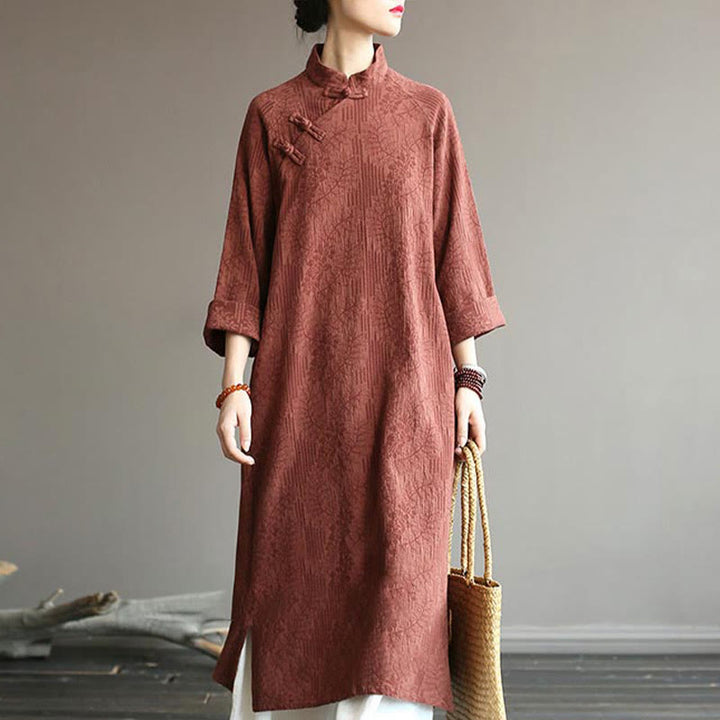Abito midi in jacquard con fiori e Buddha Stones, abito in cotone e lino a maniche lunghe, pantaloni a gamba larga con tasche