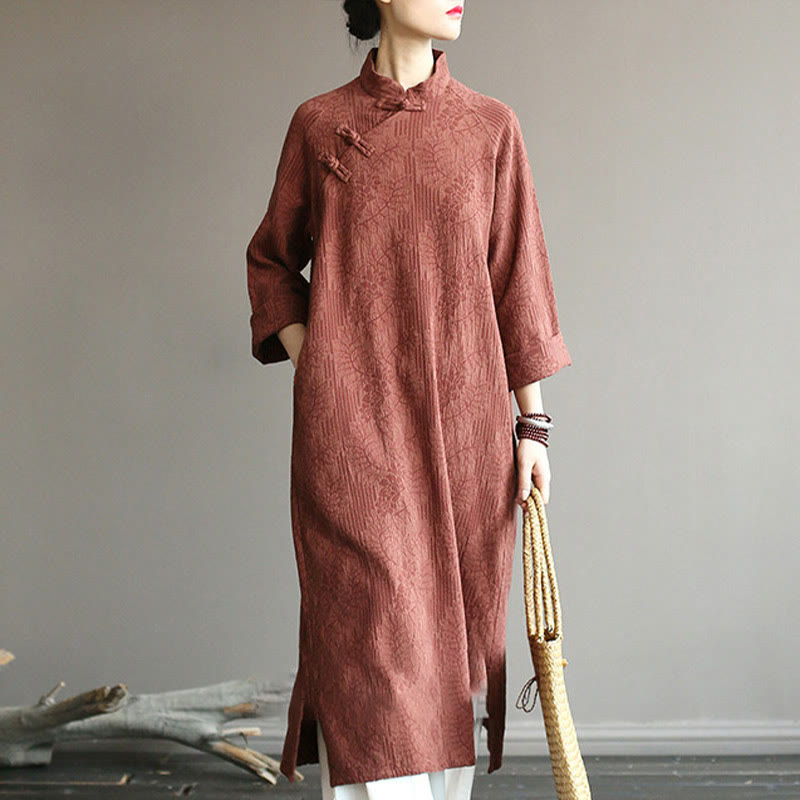 Abito midi in jacquard con fiori e Buddha Stones, abito in cotone e lino a maniche lunghe, pantaloni a gamba larga con tasche