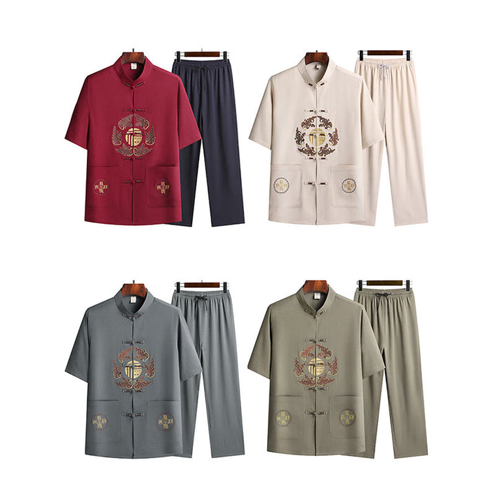 Buddha Stones Fu Character Tang Suit Hanfu Tradizionale Uniforme Manica Corta Top Pantaloni Abbigliamento Uomo Set - image 1