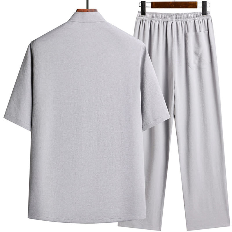 Buddha Stones Fu Character Tang Suit Hanfu Tradizionale Uniforme Manica Corta Top Pantaloni Abbigliamento Uomo Set - image 5