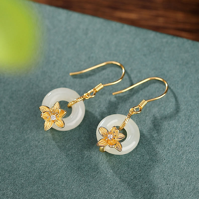 Orecchini Buddha Stones 925 Sterling Silver Hetian Jade Peace Buckle Orchid Prosperity - image 2