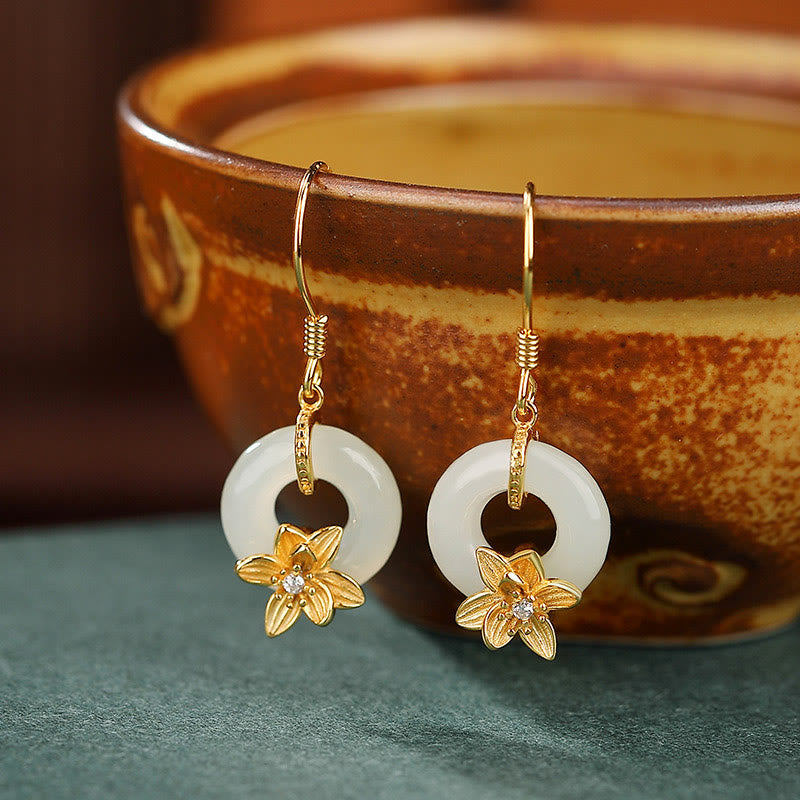 Orecchini Buddha Stones 925 Sterling Silver Hetian Jade Peace Buckle Orchid Prosperity - Fibbia della pace in oro orchidea (montanti in argento sterling 925) - image 0