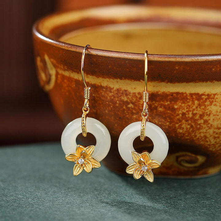 Orecchini Buddha Stones 925 Sterling Silver Hetian Jade Peace Buckle Orchid Prosperity - Fibbia della pace in oro orchidea (montanti in argento sterling 925) - image 0