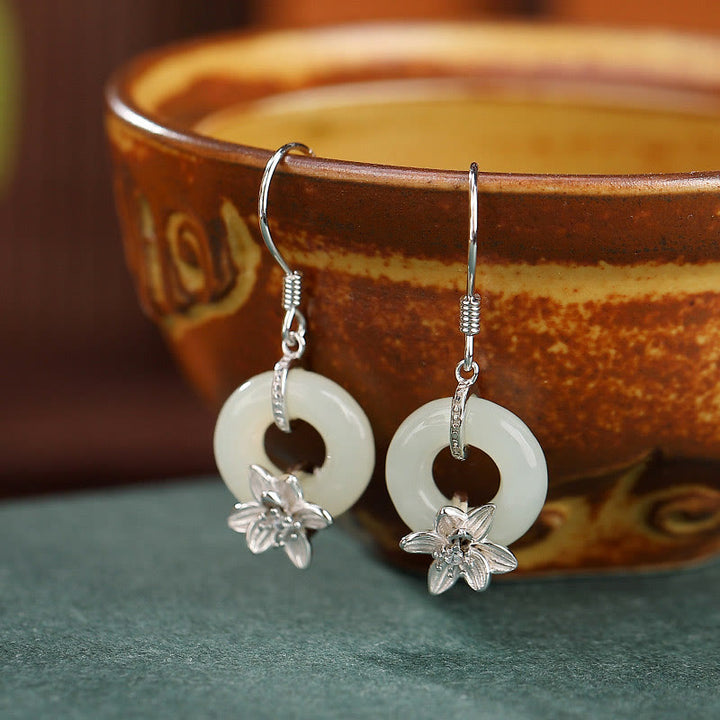 Orecchini Buddha Stones 925 Sterling Silver Hetian Jade Peace Buckle Orchid Prosperity - Fibbia della pace in argento orchidea (montanti in argento sterling 925) - image 4