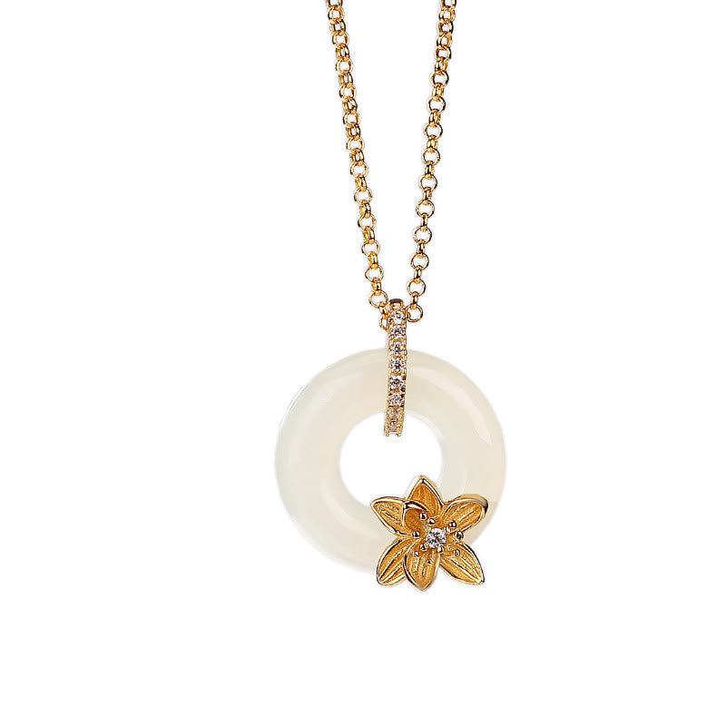 Collana con ciondolo a forma di fiore con fibbia della pace in giada Hetian, argento sterling 925, Buddha Stones