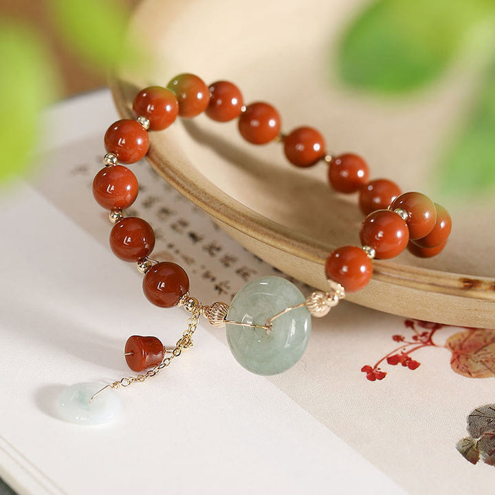 Braccialetto di fiducia Buddha Stones, giada riempita in oro 14k, agata rossa, fibbia della pace, moneta di rame, zucca