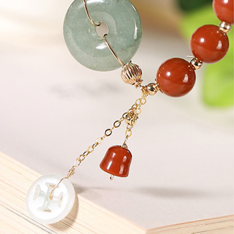 Braccialetto di fiducia Buddha Stones, giada riempita in oro 14k, agata rossa, fibbia della pace, moneta di rame, zucca
