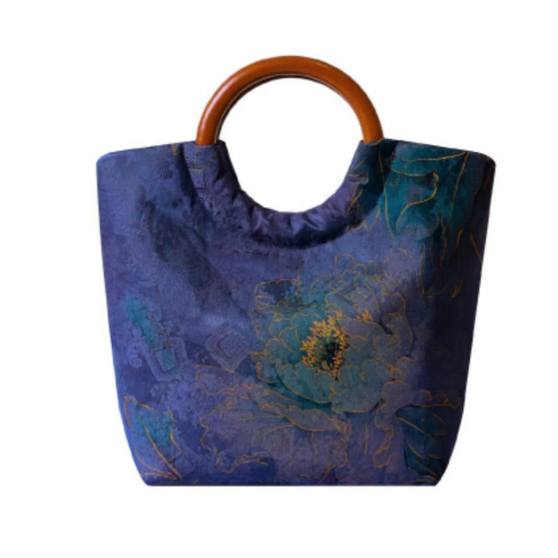 Buddha Stones Peonia Fiore Foglie di bambù Uccello Manico in legno massello Borsa a mano
