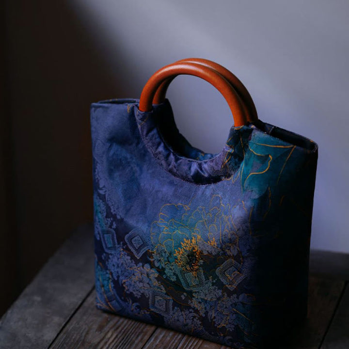 Buddha Stones Peonia Fiore Foglie di bambù Uccello Manico in legno massello Borsa a mano