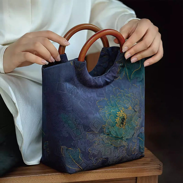 Buddha Stones Peonia Fiore Foglie di bambù Uccello Manico in legno massello Borsa a mano