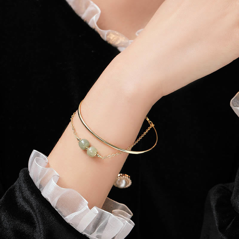 Braccialetto con perline di giada Hetian placcato in oro e rame, a doppio strato, Buddha Stones
