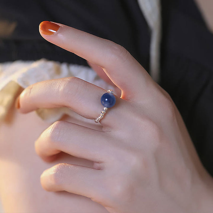 Anello con perline curative in agata blu caramellata in argento sterling 925 Buddha Stones