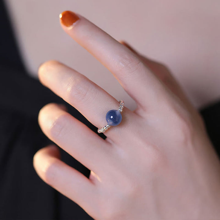 Anello con perline curative in agata blu caramellata in argento sterling 925 Buddha Stones
