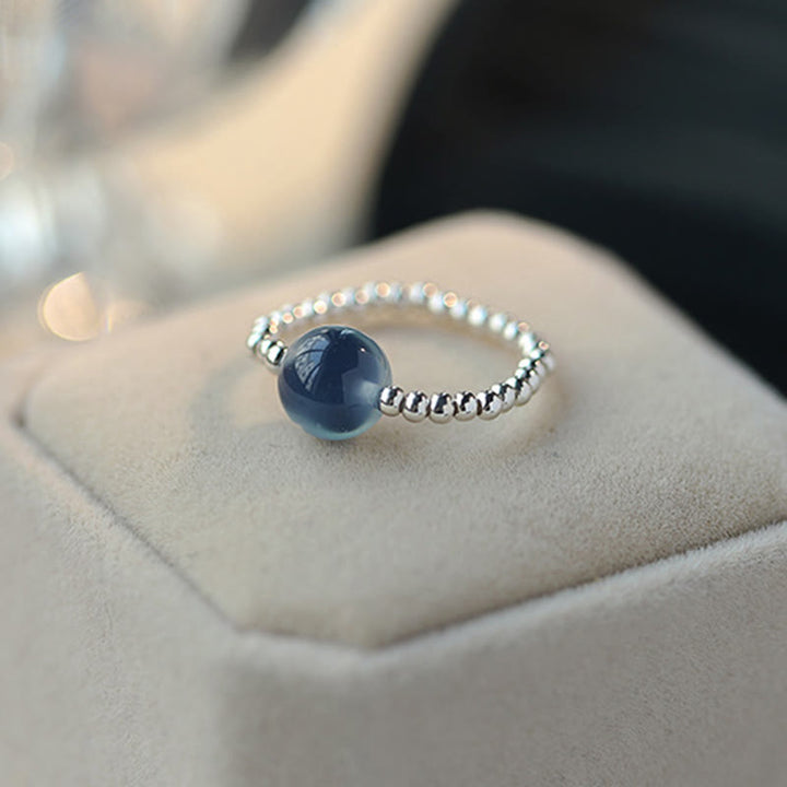 Anello con perline curative in agata blu caramellata in argento sterling 925 Buddha Stones