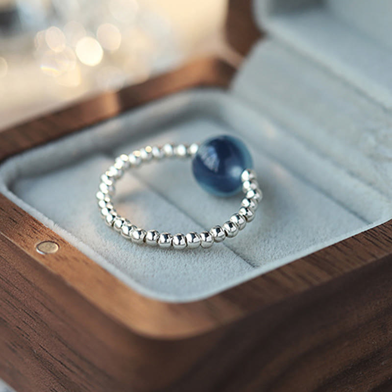 Anello con perline curative in agata blu caramellata in argento sterling 925 Buddha Stones