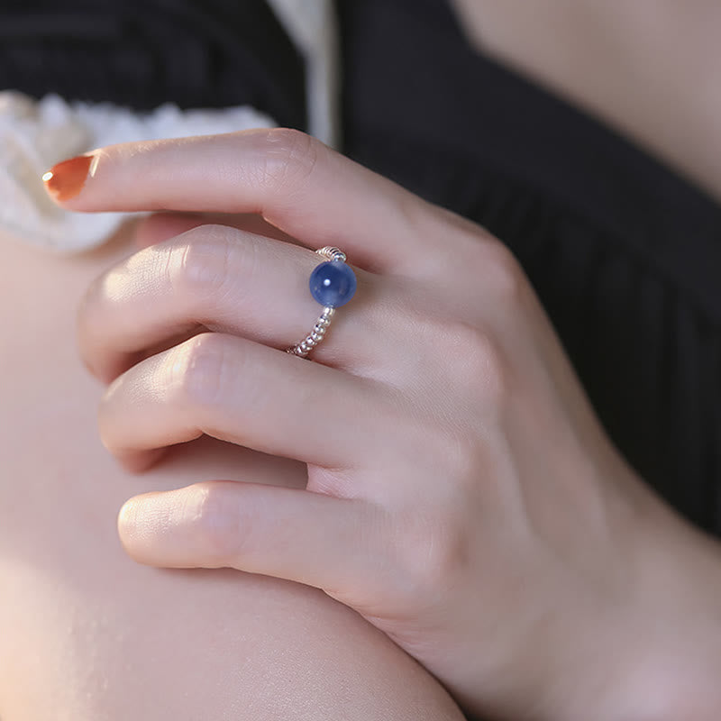 Anello con perline curative in agata blu caramellata in argento sterling 925 Buddha Stones