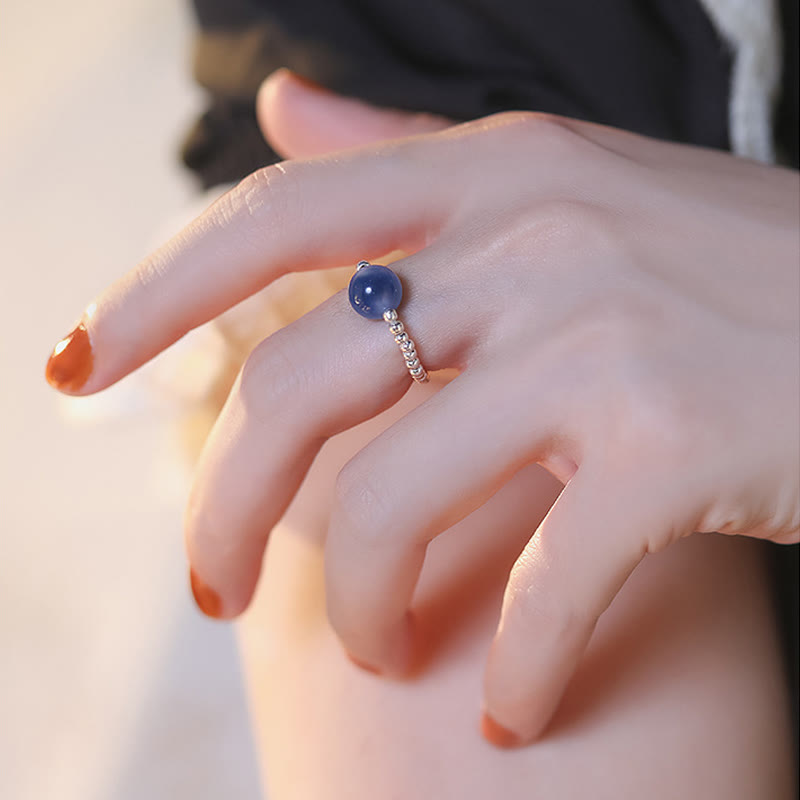 Anello con perline curative in agata blu caramellata in argento sterling 925 Buddha Stones