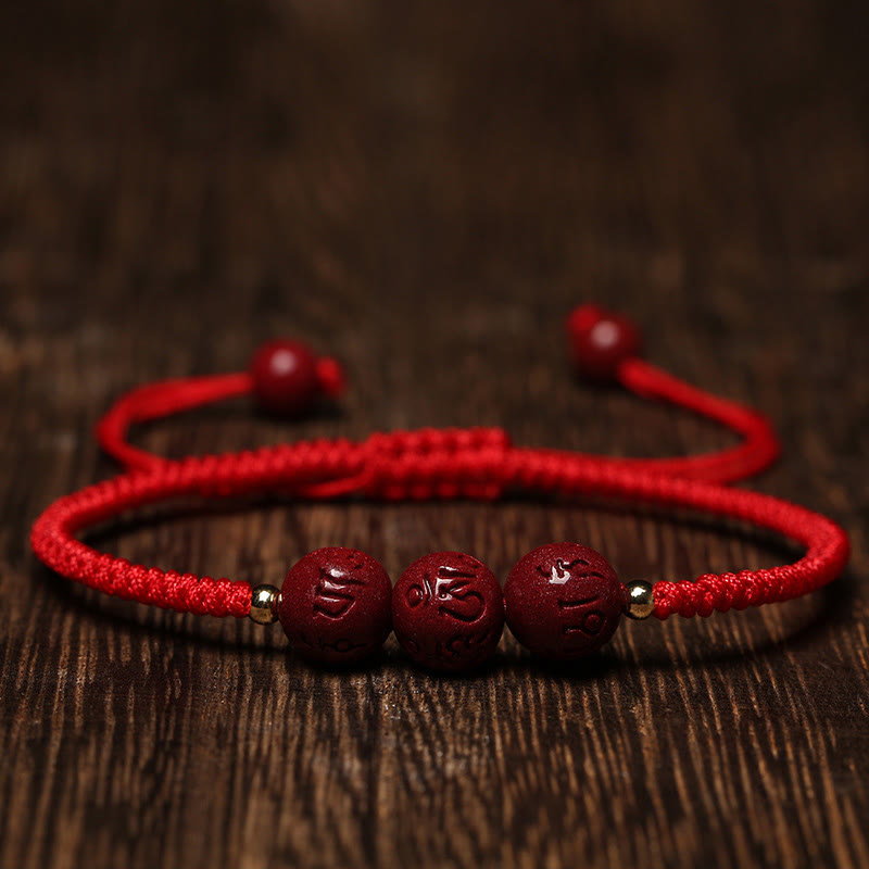 Buddha Stones Cinnabar fatto a mano Om Mani Padme Hum Perline incise Bracciale intrecciato per la benedizione