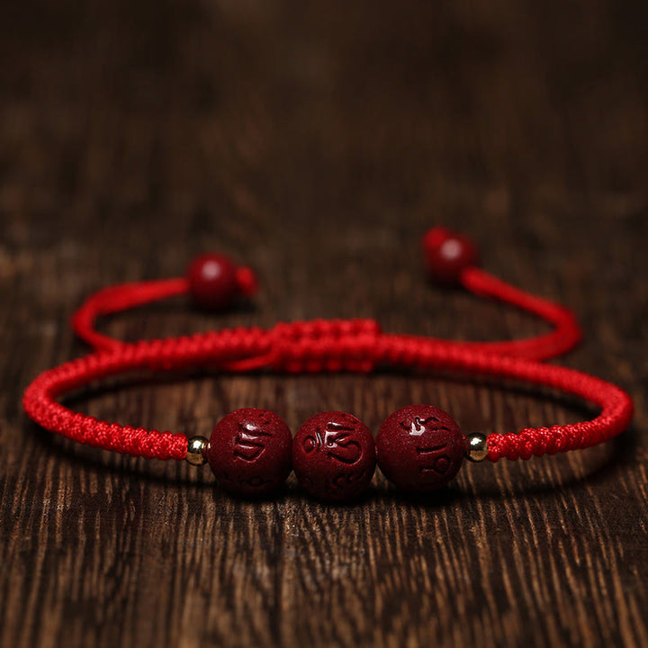 Buddha Stones Cinnabar fatto a mano Om Mani Padme Hum Perline incise Bracciale intrecciato per la benedizione