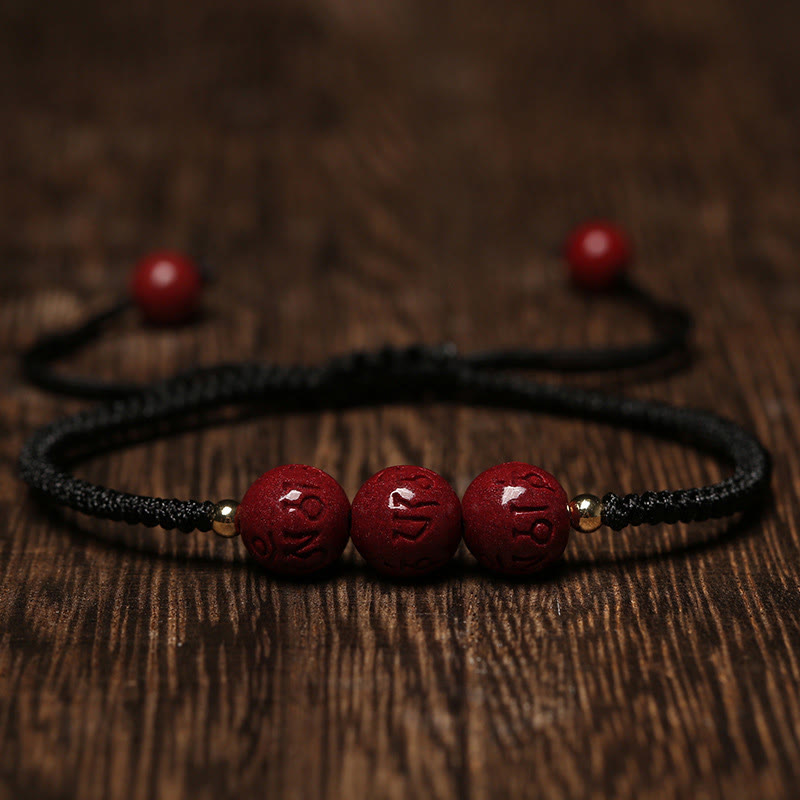 Buddha Stones Cinnabar fatto a mano Om Mani Padme Hum Perline incise Bracciale intrecciato per la benedizione