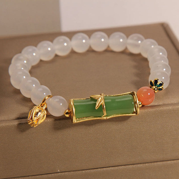 Braccialetto di positività con perline di bambù, agata bianca naturale e giadeite Buddha Stones