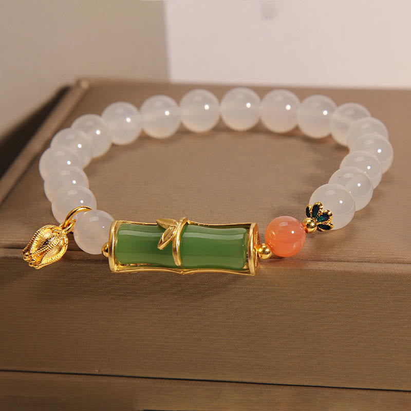 Braccialetto di positività con perline di bambù, agata bianca naturale e giadeite Buddha Stones
