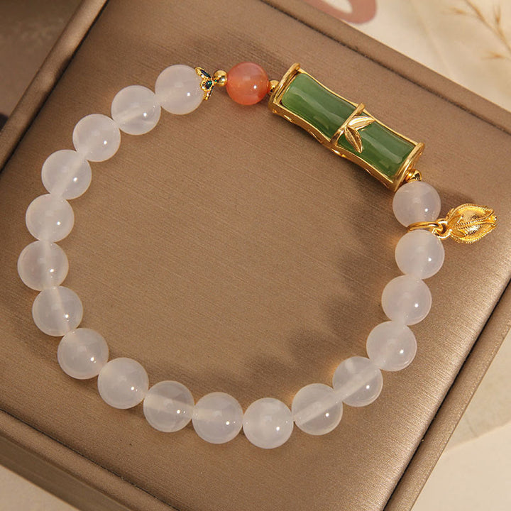 Braccialetto di positività con perline di bambù, agata bianca naturale e giadeite Buddha Stones