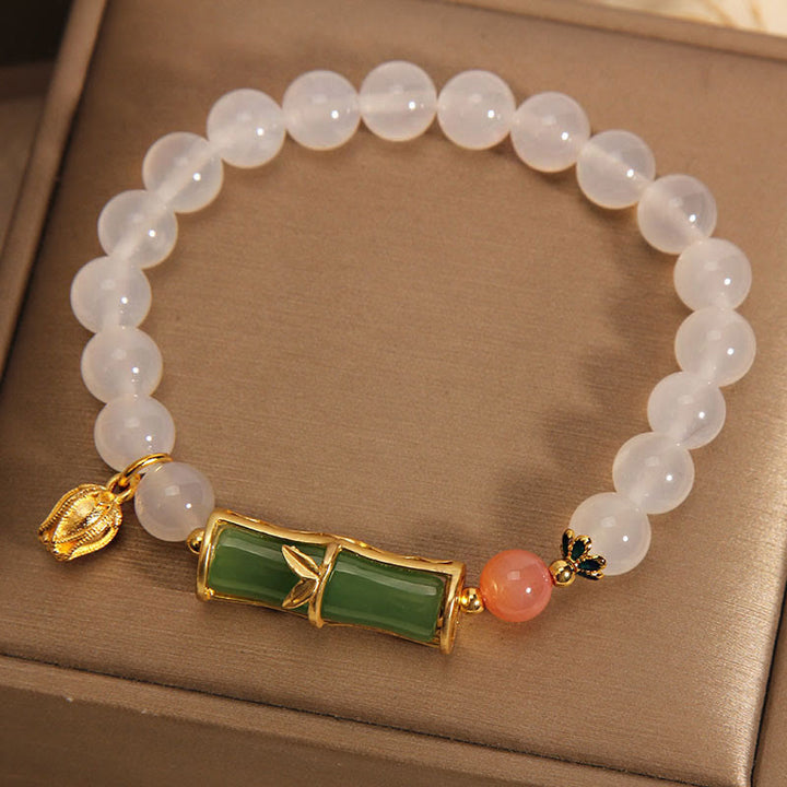 Braccialetto di positività con perline di bambù, agata bianca naturale e giadeite Buddha Stones