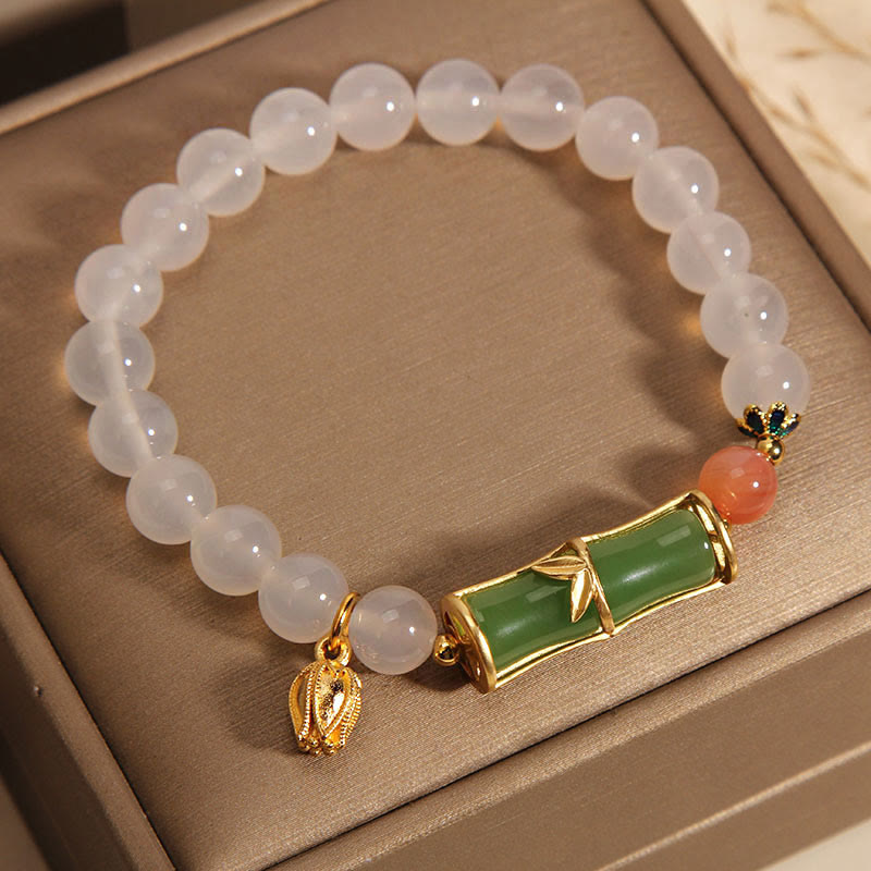 Braccialetto di positività con perline di bambù, agata bianca naturale e giadeite Buddha Stones