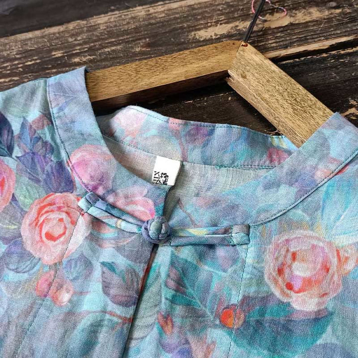 Buddha Stones giacca in lino ramiè a maniche lunghe con stampa di fiori rosa e foglie verdi, motivo a rana e bottoni