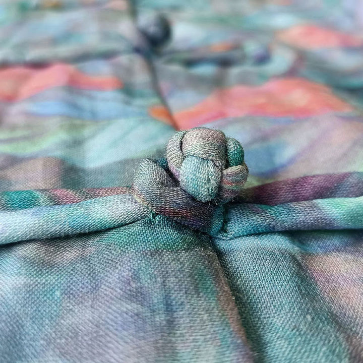 Buddha Stones giacca in lino ramiè a maniche lunghe con stampa di fiori rosa e foglie verdi, motivo a rana e bottoni