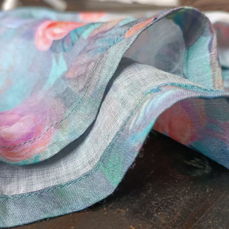 Buddha Stones giacca in lino ramiè a maniche lunghe con stampa di fiori rosa e foglie verdi, motivo a rana e bottoni - image 15