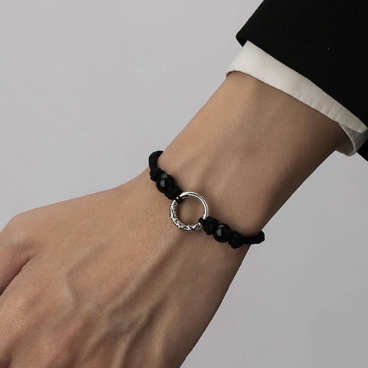 Braccialetto di protezione con fibbia della pace in onice nero in argento sterling 925 Buddha Stones