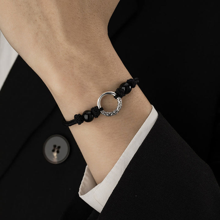 Braccialetto di protezione con fibbia della pace in onice nero in argento sterling 925 Buddha Stones
