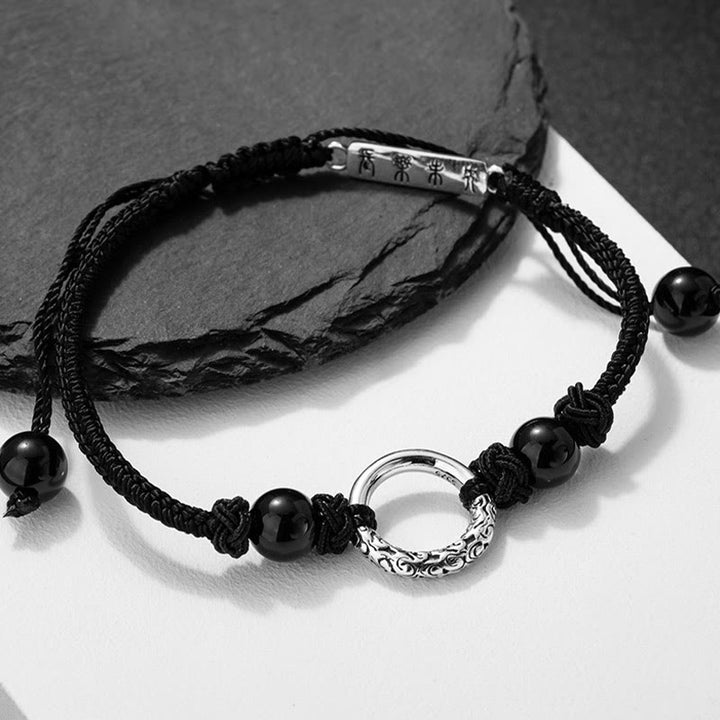 Braccialetto di protezione con fibbia della pace in onice nero in argento sterling 925 Buddha Stones