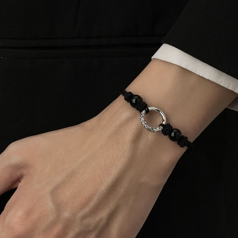 Braccialetto di protezione con fibbia della pace in onice nero in argento sterling 925 Buddha Stones