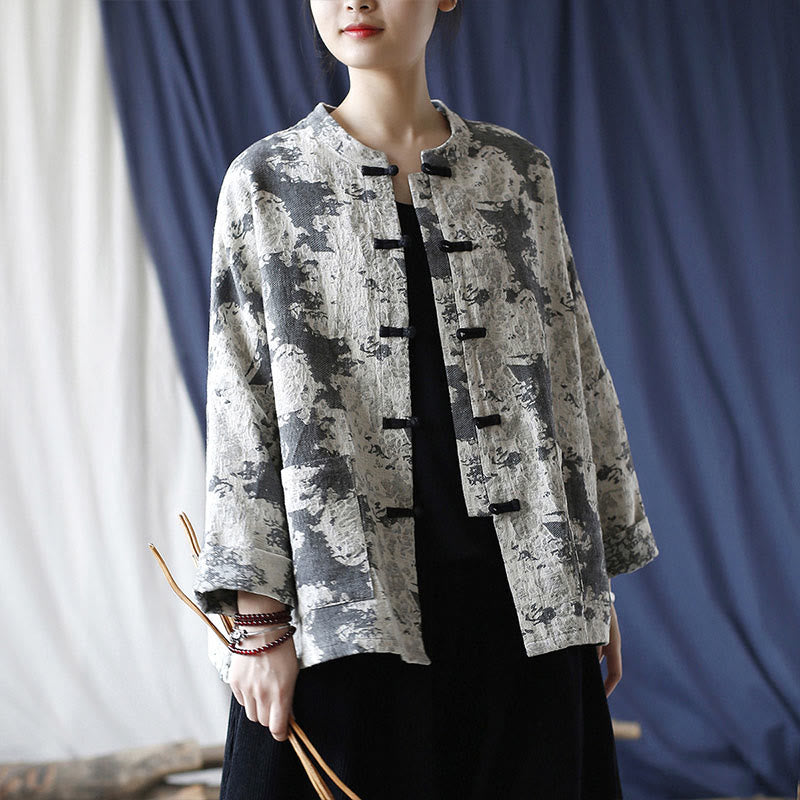 Camicia da giacca in lino di cotone a maniche lunghe con stampa grigia nera Buddha Stones Frog-button Design con tasche