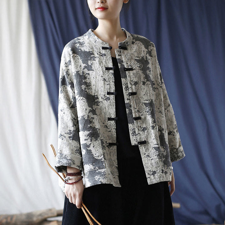 Camicia da giacca in lino di cotone a maniche lunghe con stampa grigia nera Buddha Stones Frog-button Design con tasche