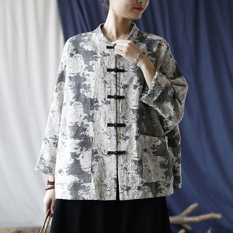 Camicia da giacca in lino di cotone a maniche lunghe con stampa grigia nera Buddha Stones Frog-button Design con tasche