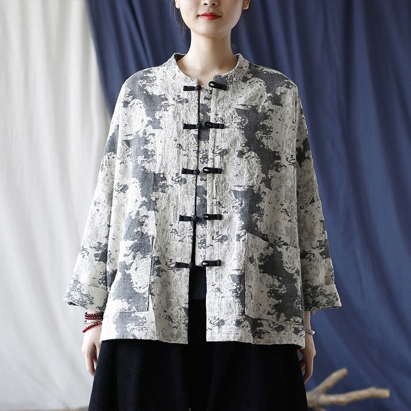 Camicia da giacca in lino di cotone a maniche lunghe con stampa grigia nera Buddha Stones Frog-button Design con tasche