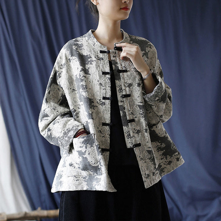 Camicia da giacca in lino di cotone a maniche lunghe con stampa grigia nera Buddha Stones Frog-button Design con tasche