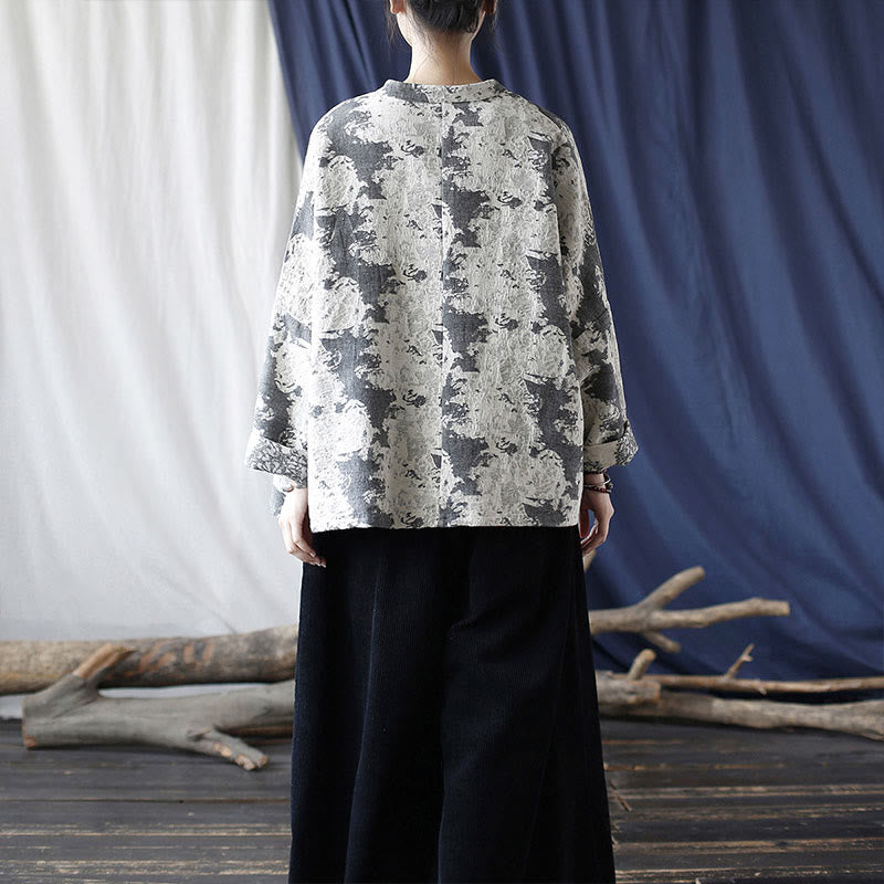 Camicia da giacca in lino di cotone a maniche lunghe con stampa grigia nera Buddha Stones Frog-button Design con tasche