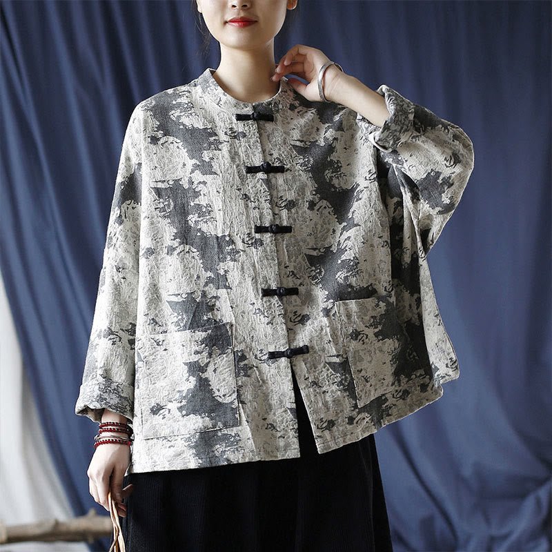 Camicia da giacca in lino di cotone a maniche lunghe con stampa grigia nera Buddha Stones Frog-button Design con tasche