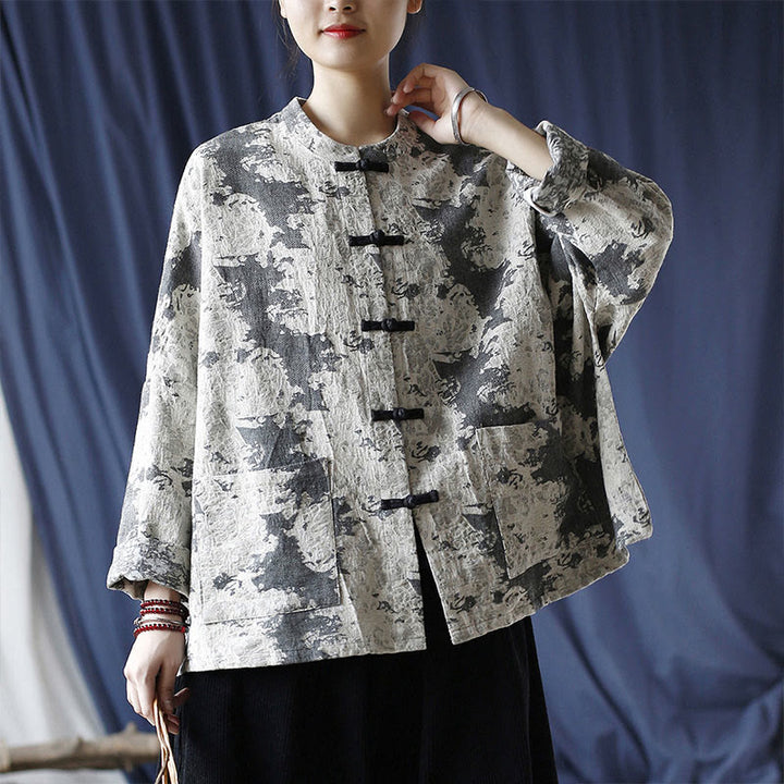 Camicia da giacca in lino di cotone a maniche lunghe con stampa grigia nera Buddha Stones Frog-button Design con tasche