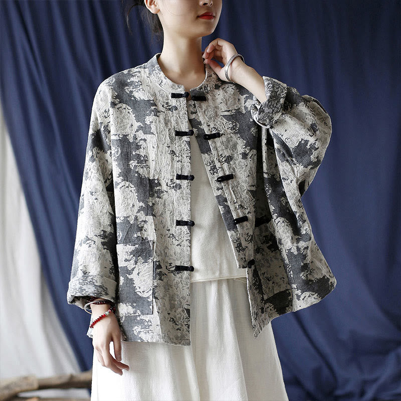 Camicia da giacca in lino di cotone a maniche lunghe con stampa grigia nera Buddha Stones Frog-button Design con tasche