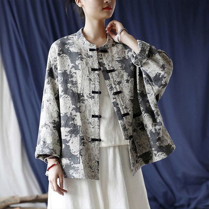 Camicia da giacca in lino di cotone a maniche lunghe con stampa grigia nera Buddha Stones Frog-button Design con tasche