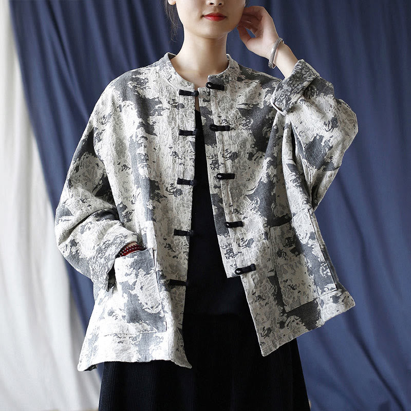 Camicia da giacca in lino di cotone a maniche lunghe con stampa grigia nera Buddha Stones Frog-button Design con tasche