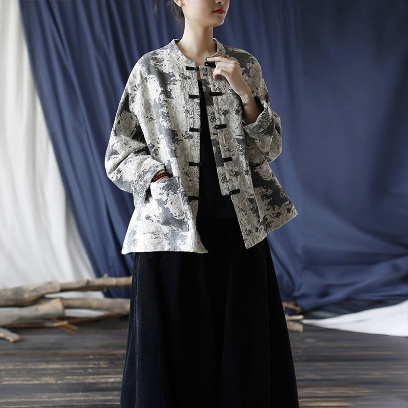 Camicia da giacca in lino di cotone a maniche lunghe con stampa grigia nera Buddha Stones Frog-button Design con tasche