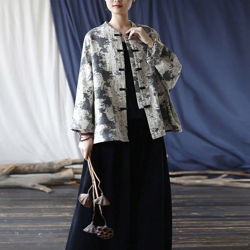 Camicia da giacca in lino di cotone a maniche lunghe con stampa grigia nera Buddha Stones Frog-button Design con tasche