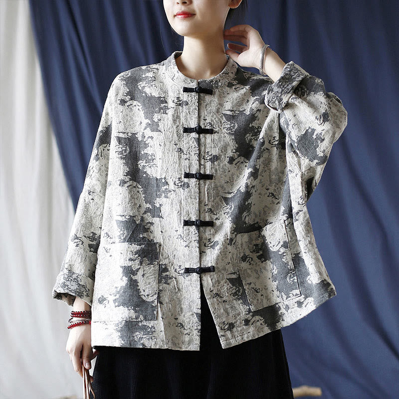 Camicia da giacca in lino di cotone a maniche lunghe con stampa grigia nera Buddha Stones Frog-button Design con tasche